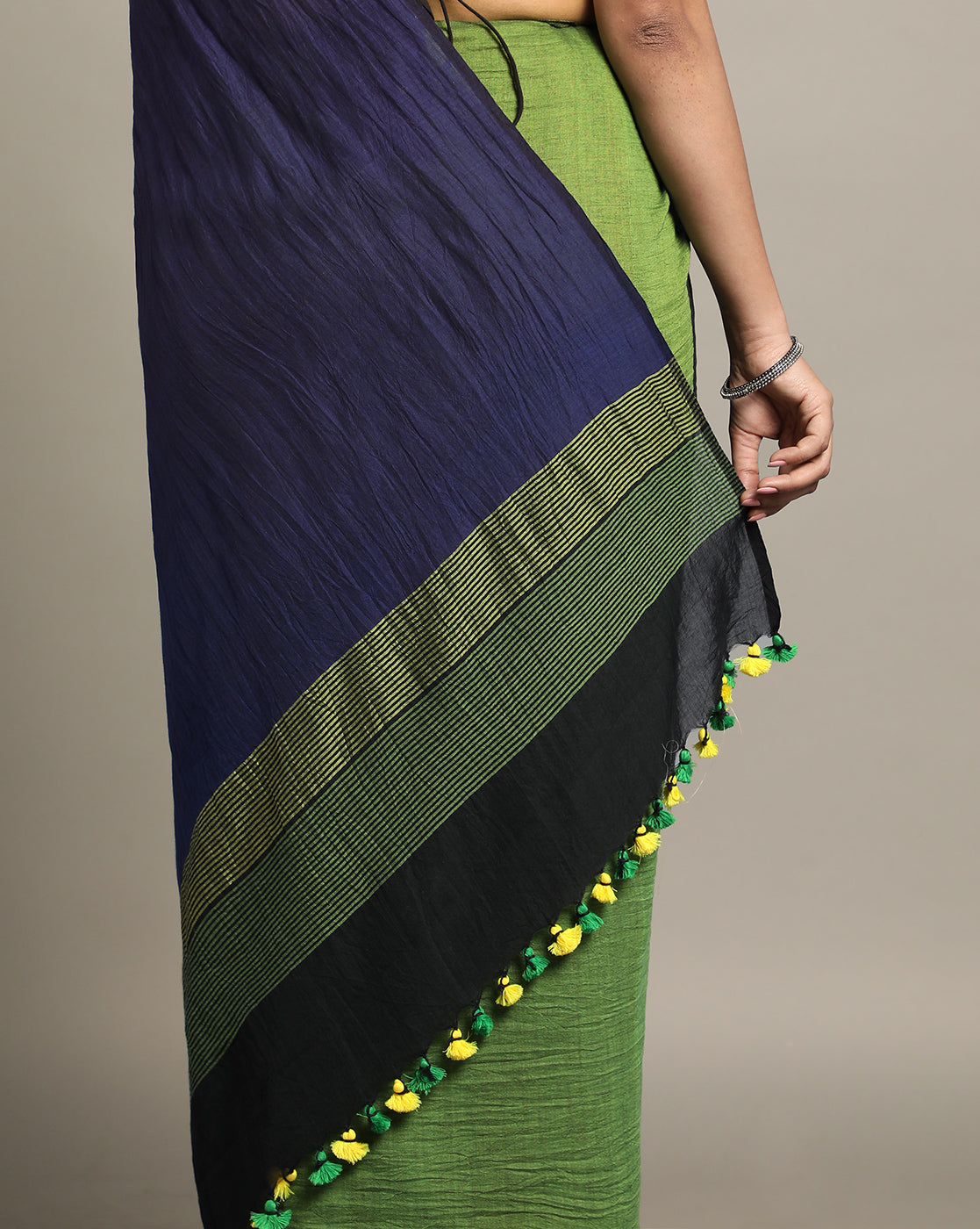 Colour block Cotton Saree with pompoms | Shobitam