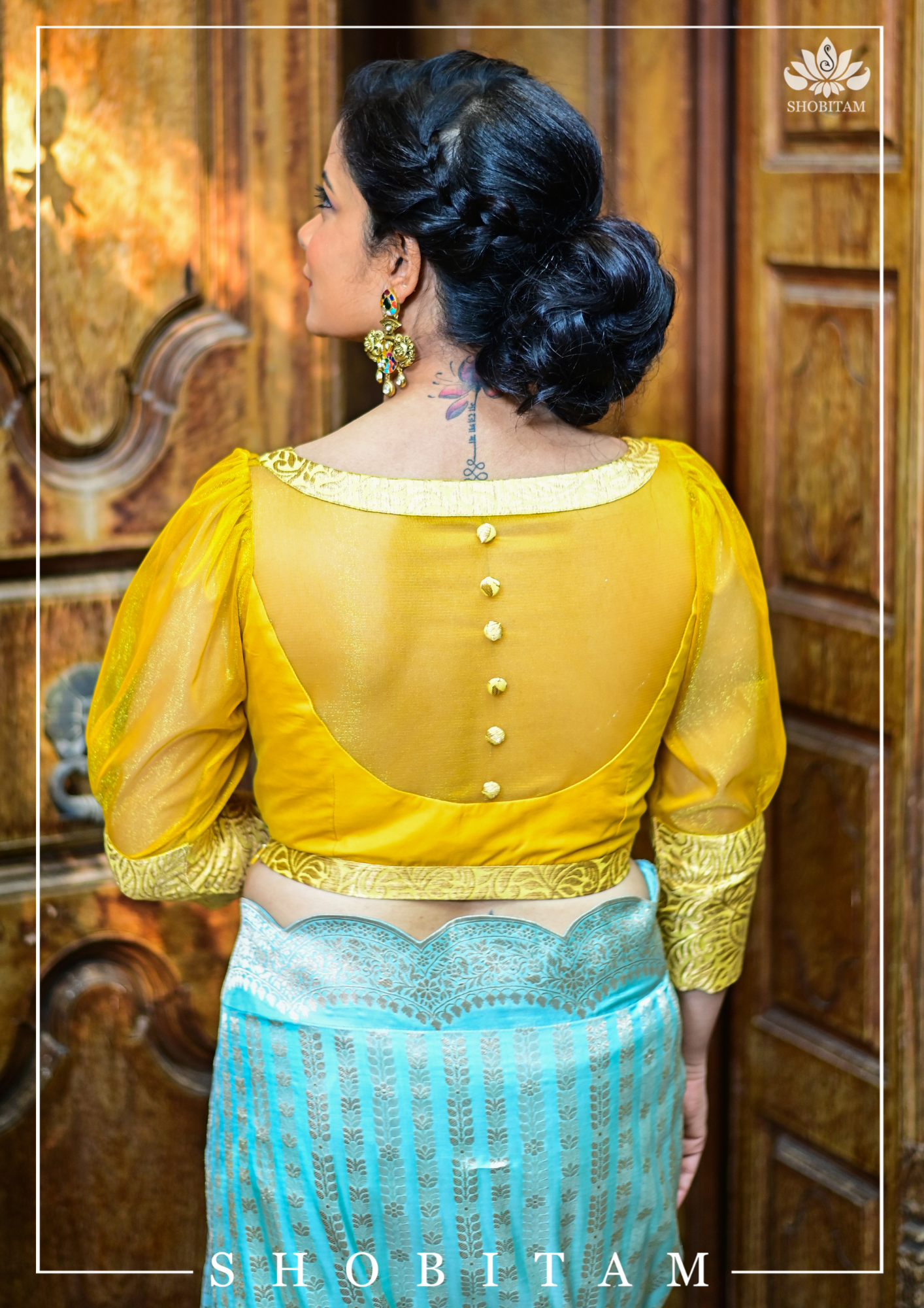 Mustard boat neck Blouse with Sheer Yoke and Puff Sleeves, Banarasi Brocade Detailing | Shobitam