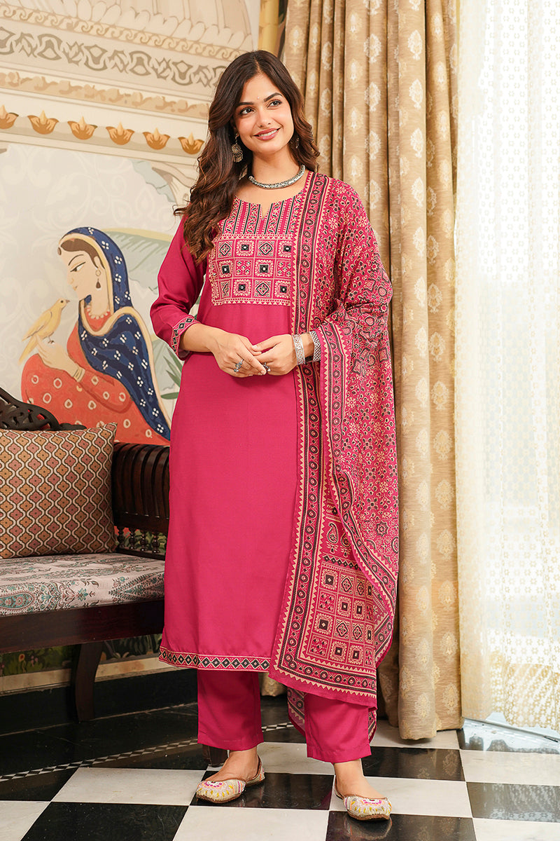 Pink Cotton Blend Ajrakh Printed Straight Kurta Trousers With Dupatta | SHOBITAM