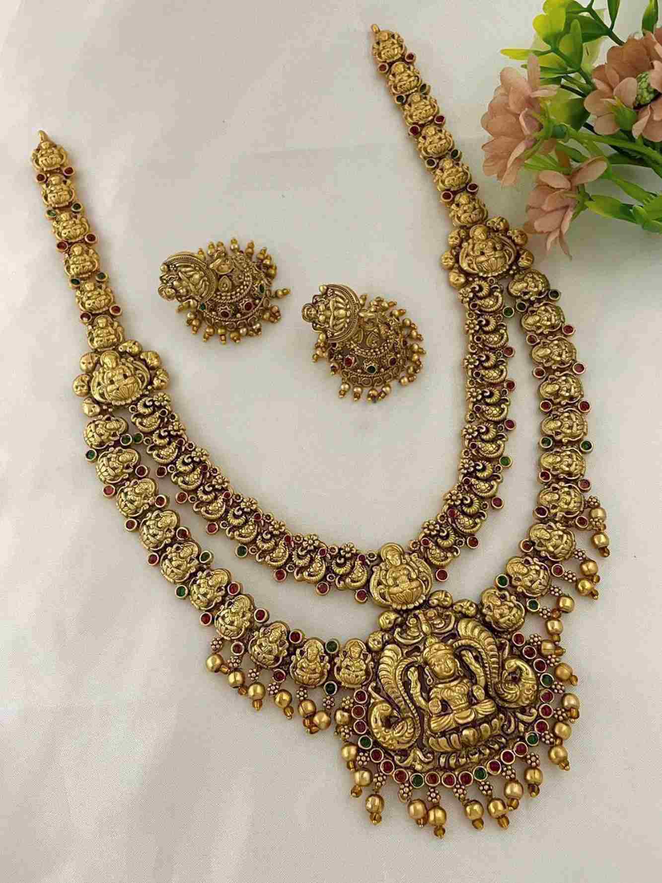 Elegant Antique Gold-Plated Small Long Necklace Set – Featuring Lakshmi Maa Idol & Peacock Design in Timeless Traditional Jewellery