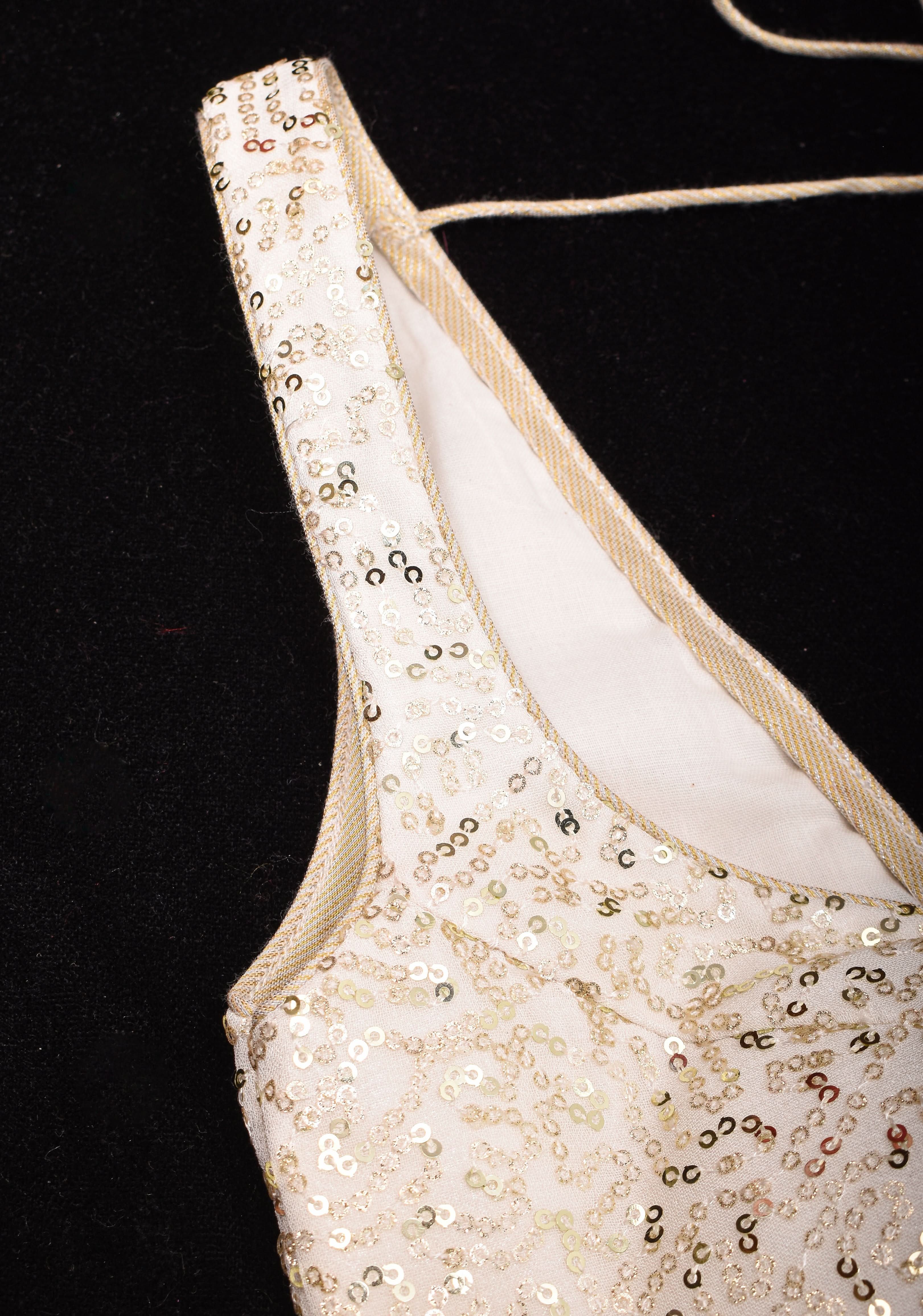 White and Gold Sequin on Net wide leaf neck sleeveless blouse, Made to Order | Shobitam