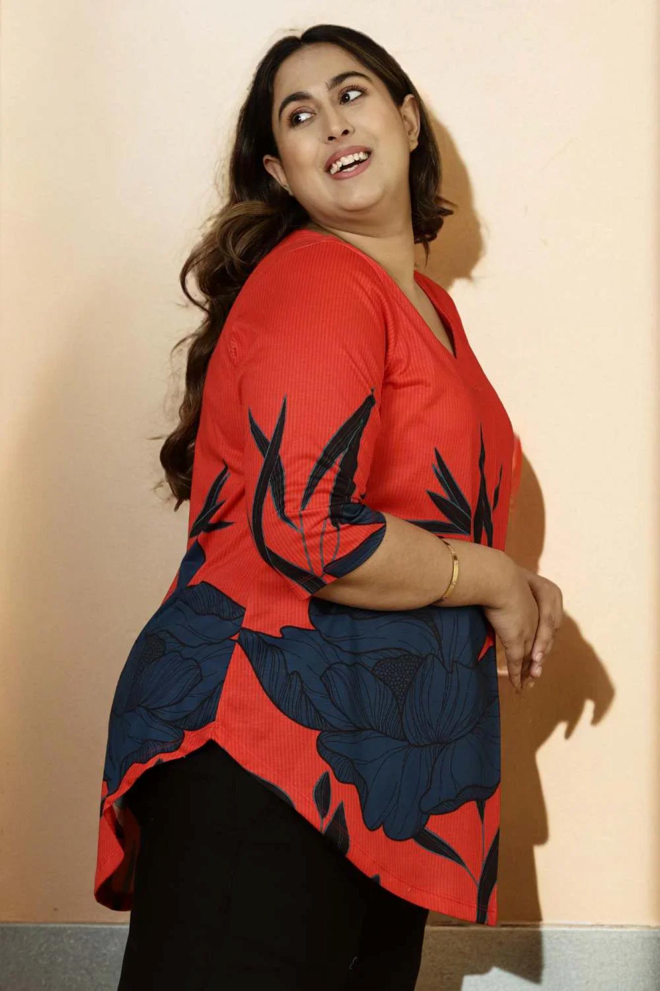 Red Teal Print Plus Size Top in Soft knitted fabric | Made to Order