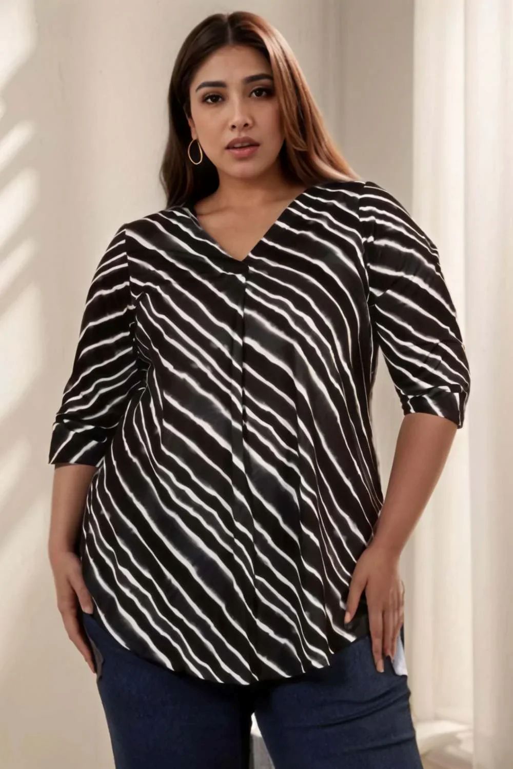 Plus Size Black Wavy Stripes Top in Soft knitted fabric | Made to Order