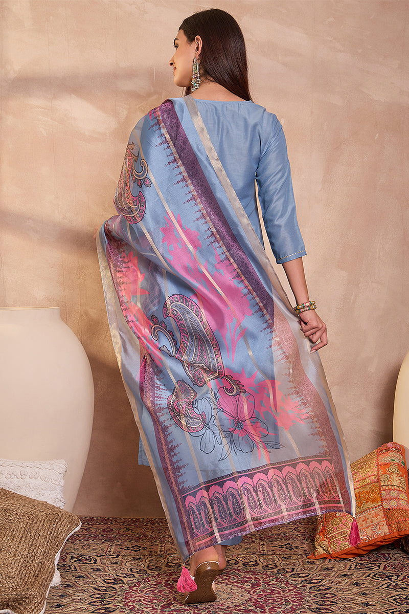 Blue Rayon Blend Solid Embroidered Straight Kurta Trouser With Dupatta | SHOBITAM