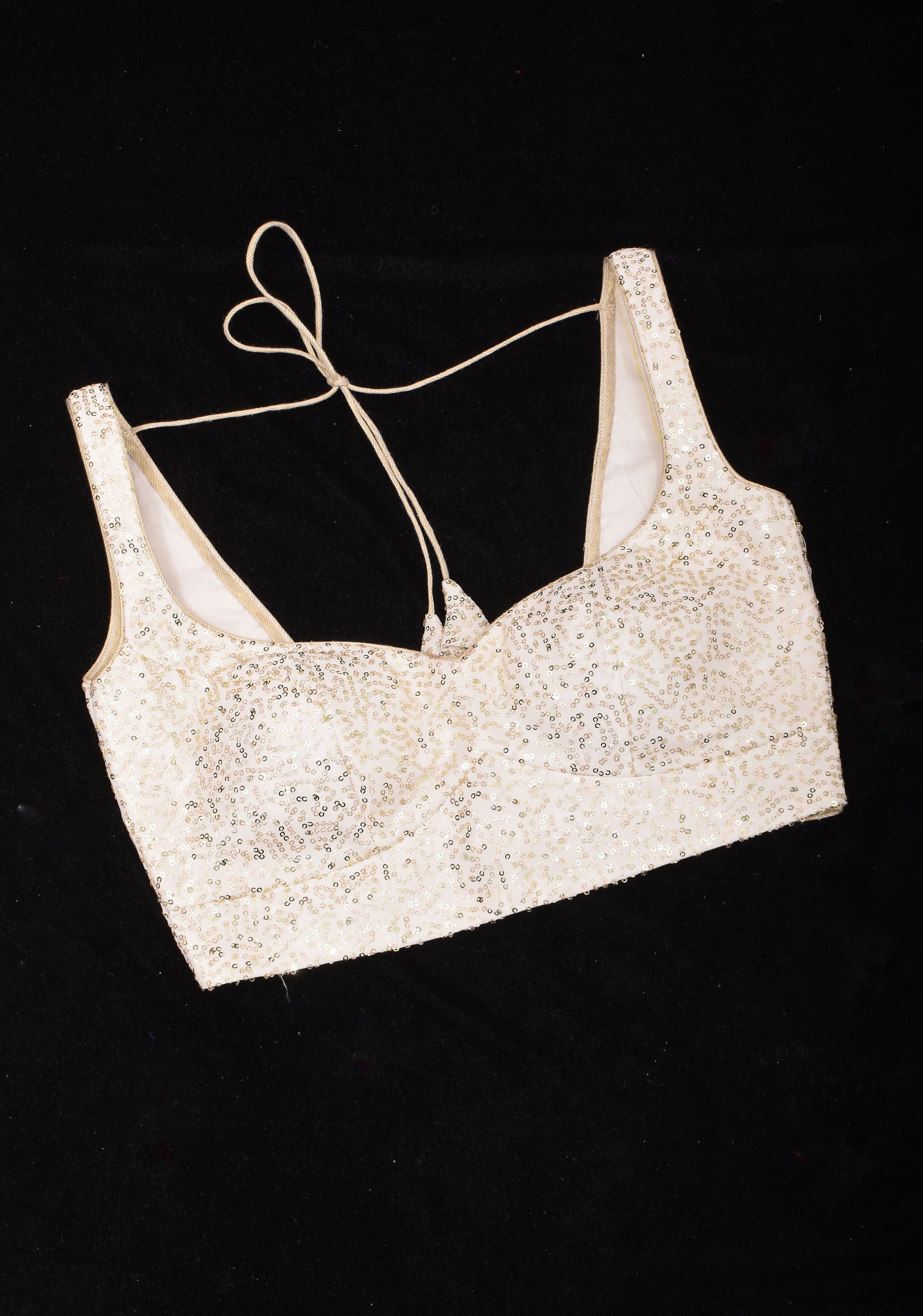 White and Gold Sequin on Net wide leaf neck sleeveless blouse, Made to Order | Shobitam