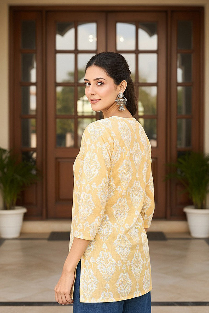 Yellow Cotton Blend Ethnic Motifs Printed Regular Top | SHOBITAM