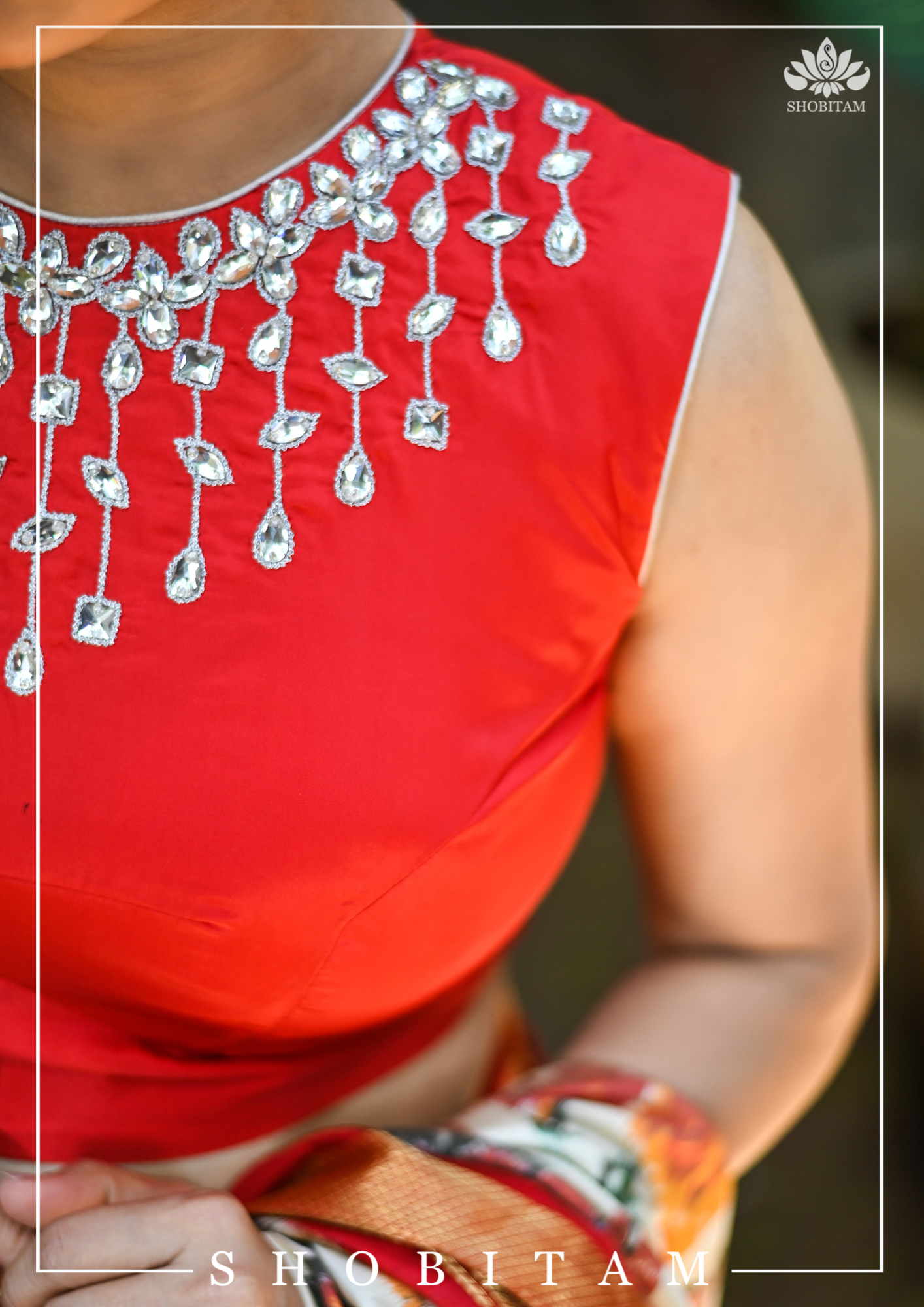 Made to Measure:  Necklace Design White Rhinestone Blouse on Red Silk, Customization Possible | Shobitam
