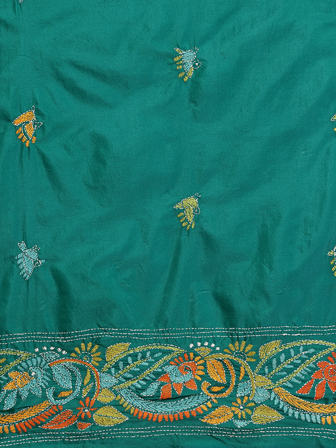 Green Art Silk Kantha Saree with Blouse piece | SHOBITAM