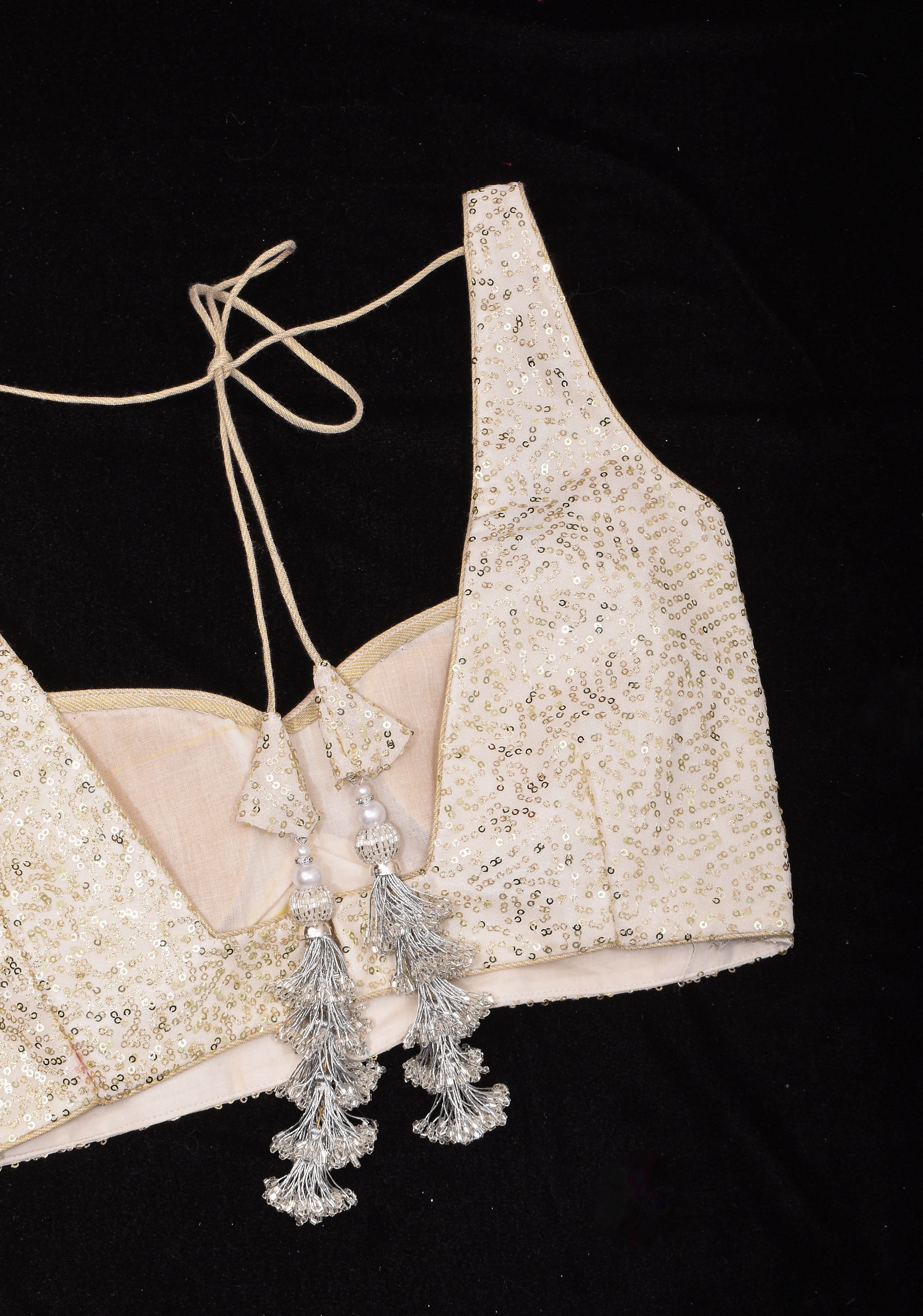 White and Gold Sequin on Net wide leaf neck sleeveless blouse, Made to Order | Shobitam