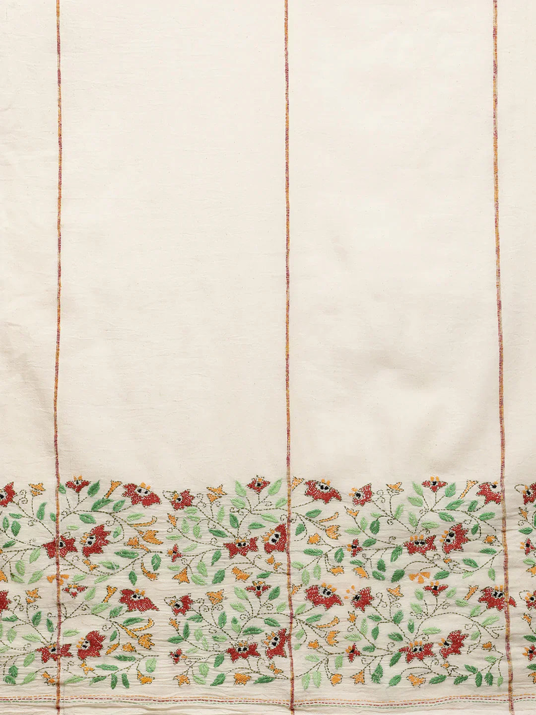 Cream Handloom Cotton Saree with Floral Kantha Embroidery Border