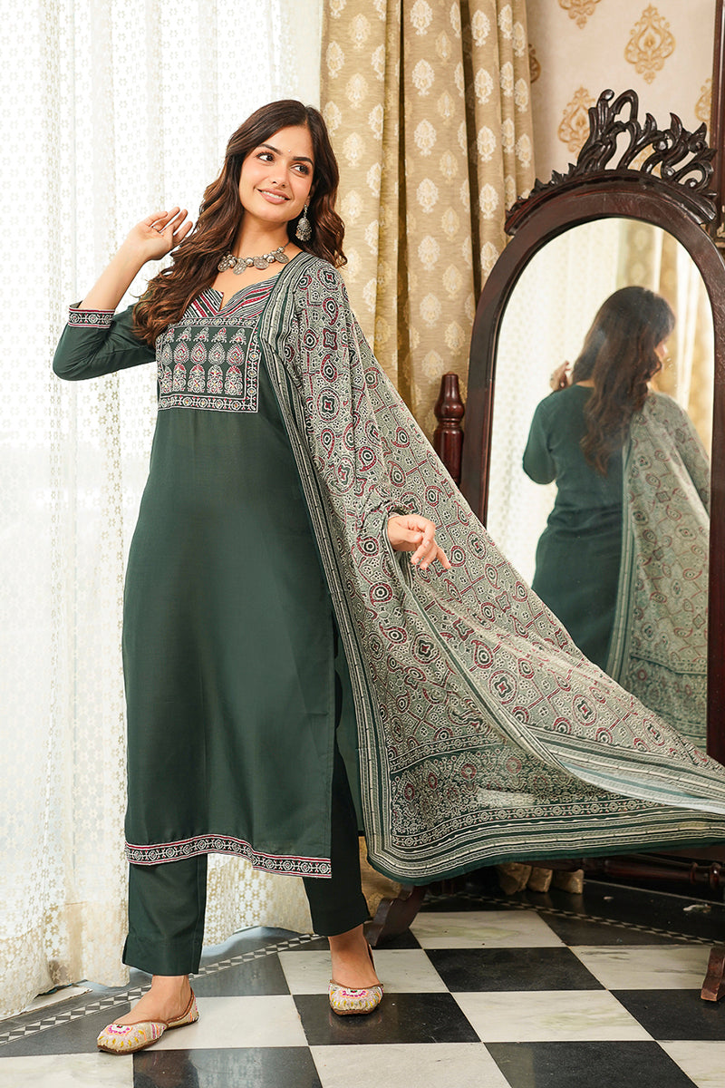 Green Cotton Blend Ajrakh Printed Straight Kurta Trousers With Dupatta | SHOBITAM