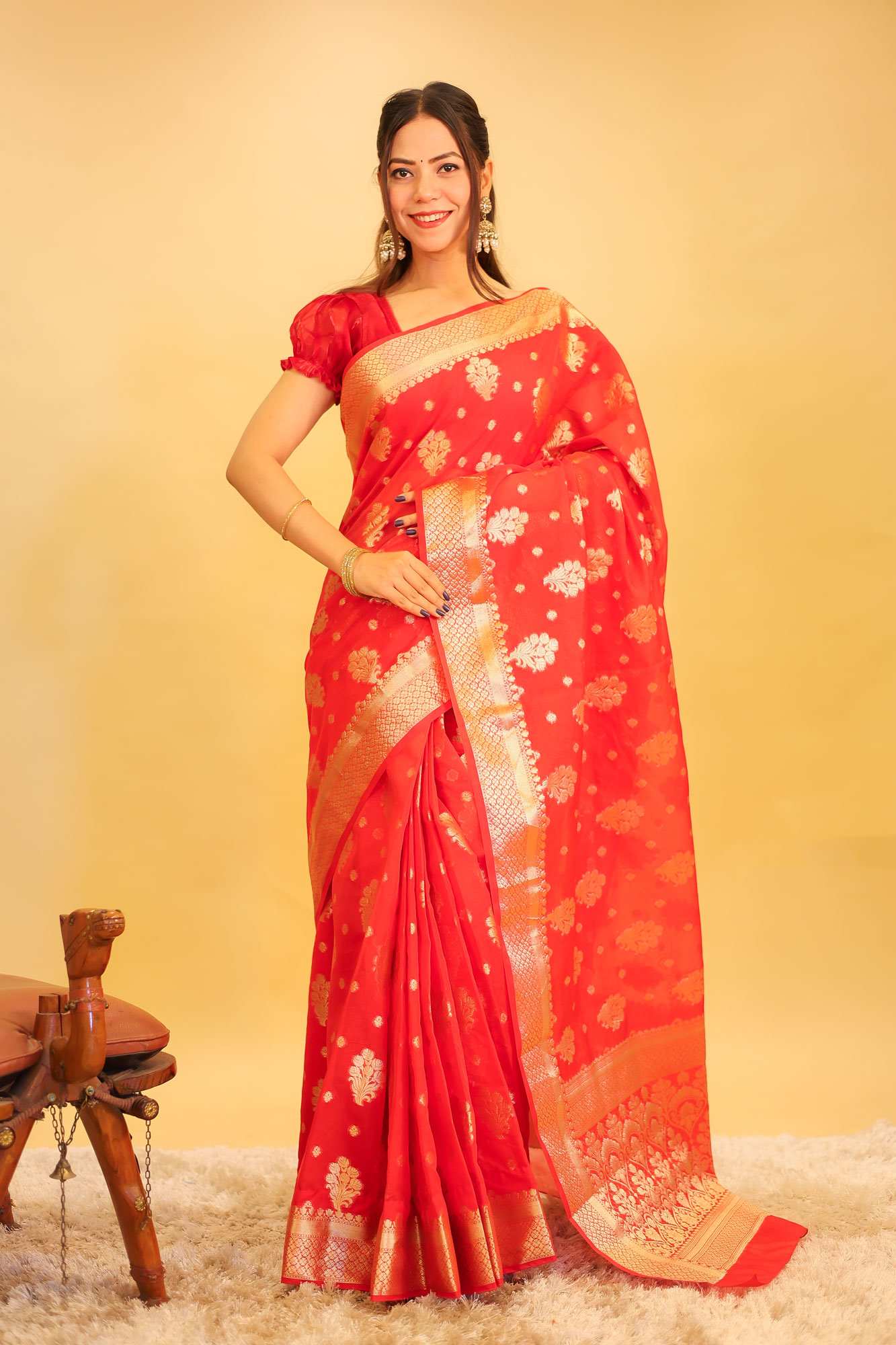 Exquisite Red Katan Inspired Silk Saree with Intricate All-Over Butas and Ornate Palla, Adorned with Luxurious Tassels – A Ready-to-Wear Saree