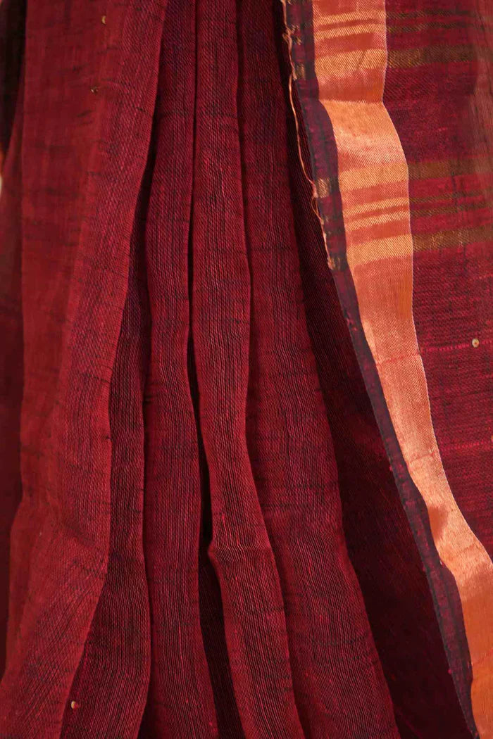 Maroon Handloom Cotton Linen Interwoven Sequins with Tassels In Pallu Ready To Wear Saree