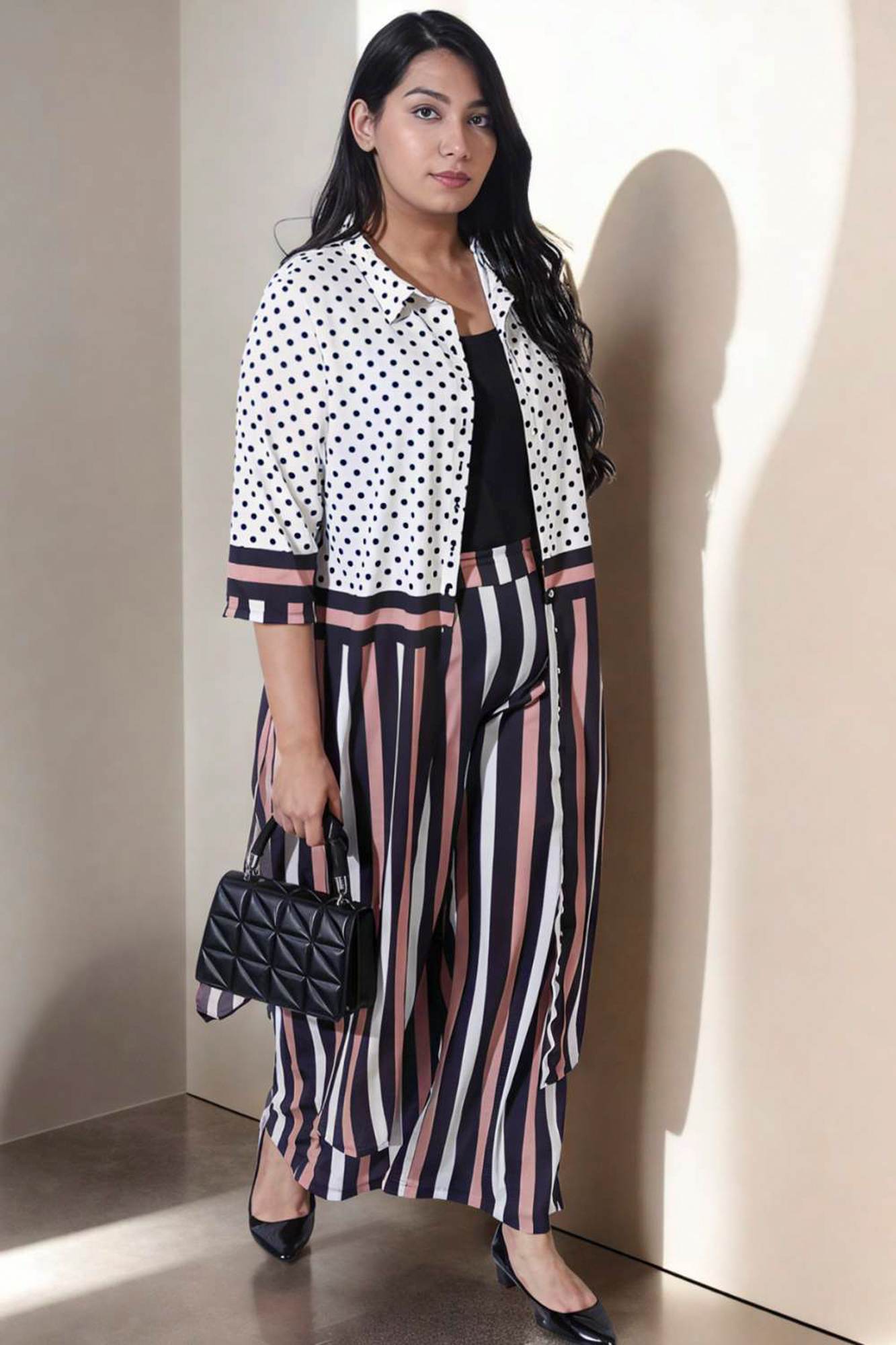 Plus Size Black Luxe Polka Stripes 2 Piece Coord Set For Women | Made to Order
