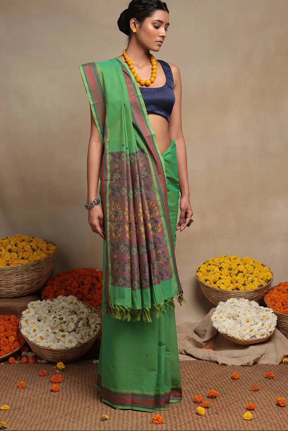 Emerald Green Pure Cotton Saree | Shobitam