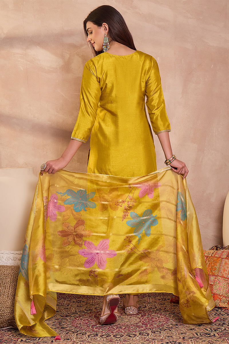 Yellow Silk Blend Solid Embroidered Straight Kurta Trouser With Dupatta | SHOBITAM