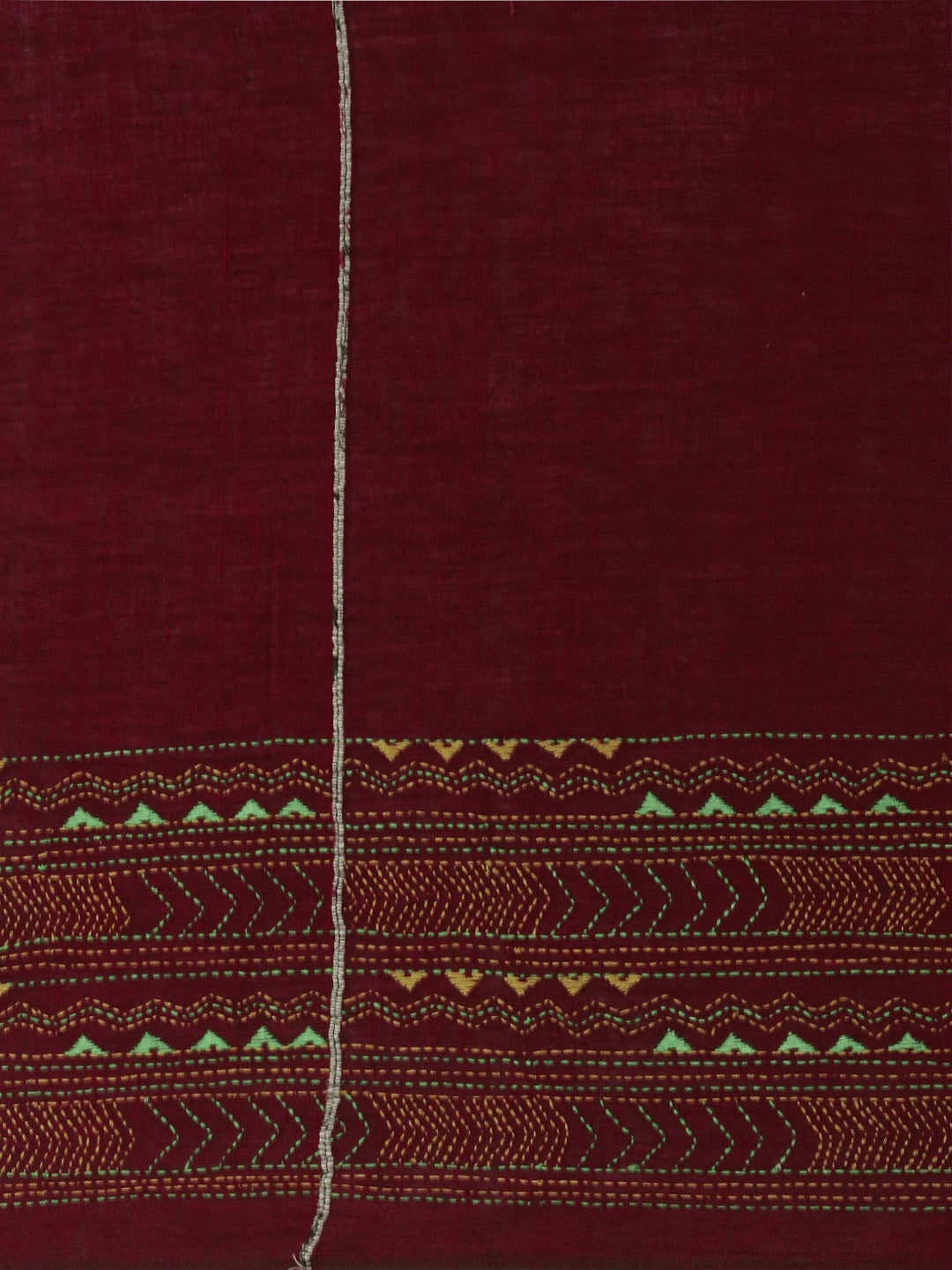 Maroon Yellow Khesh Kantha Stitch Cotton Saree | Shobitam