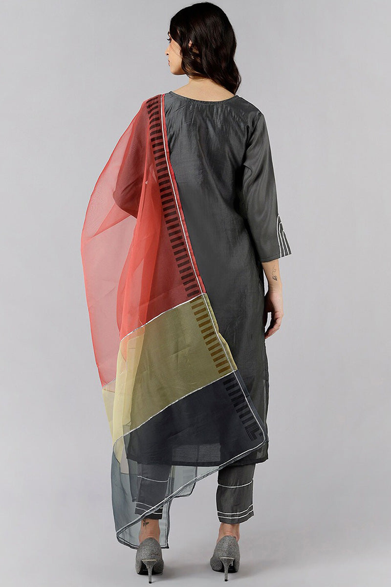 Grey Poly Silk Embroidered Straight Suit Set  | SHOBITAM