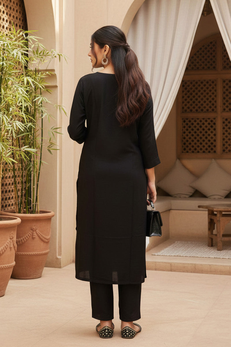 Black Silk Blend Ethnic Motifs Stoning Straight Kurta Trouser with Dupatta | SHOBITAM
