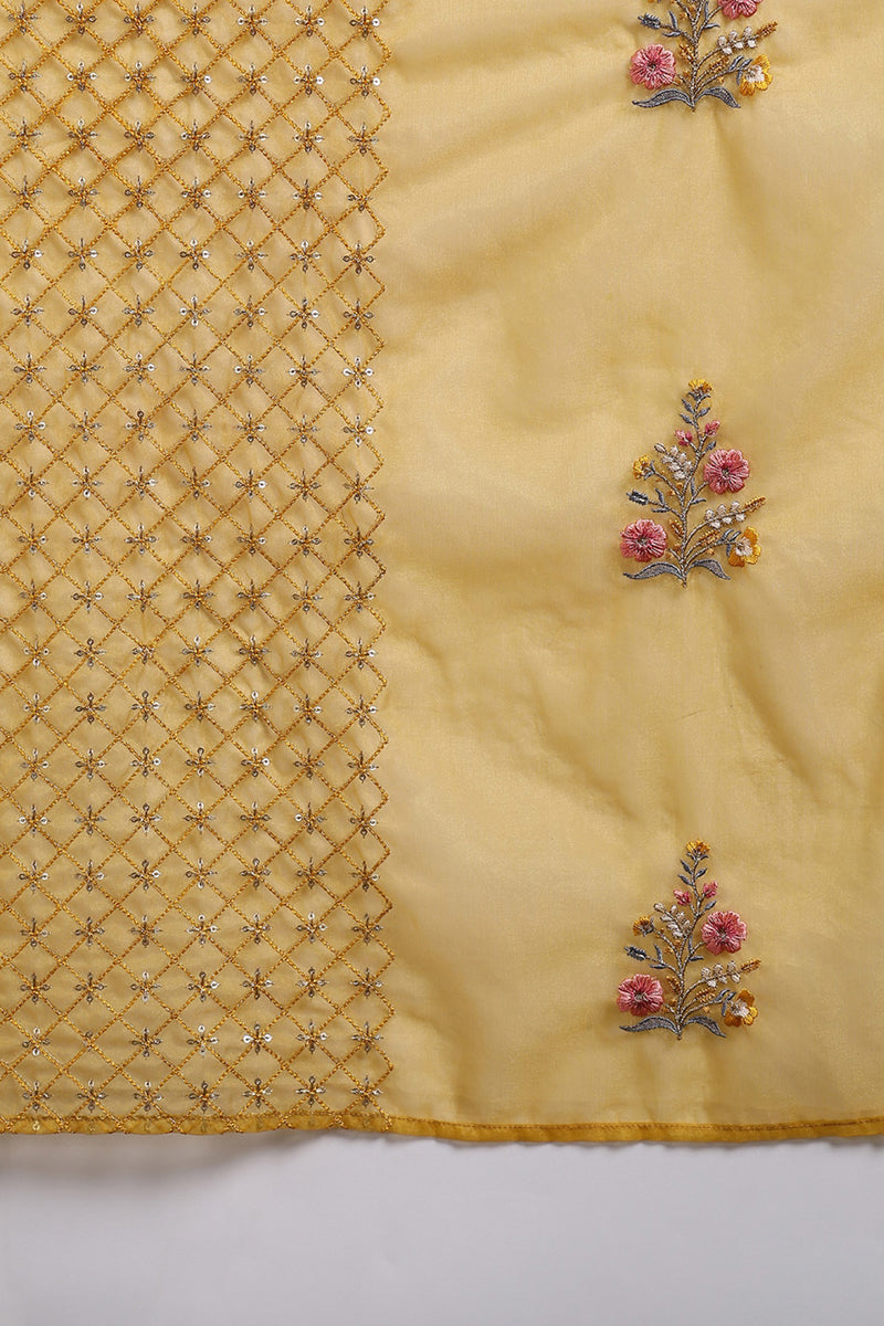 Mustard Yellow Silk Blend Floral Embroidered Straight Suit Set | SHOBITAM