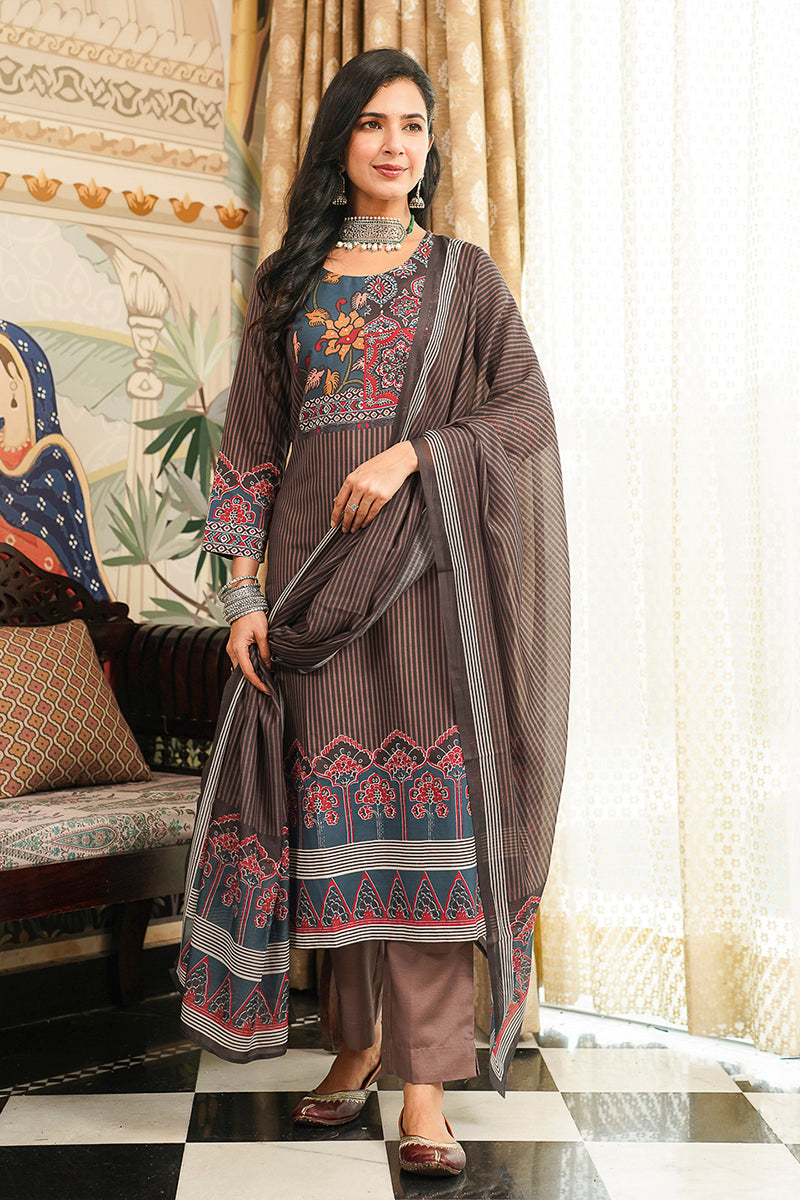 Brown Cotton Blend Ethnic Motifs Printed Straight Kurta Trousers With Dupatta | SHOBITAM