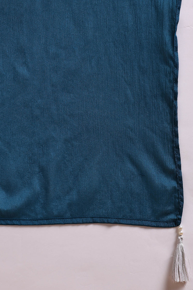 Teal Blue Silk Blend Solid Embroidered Straight Suit Set  | SHOBITAM