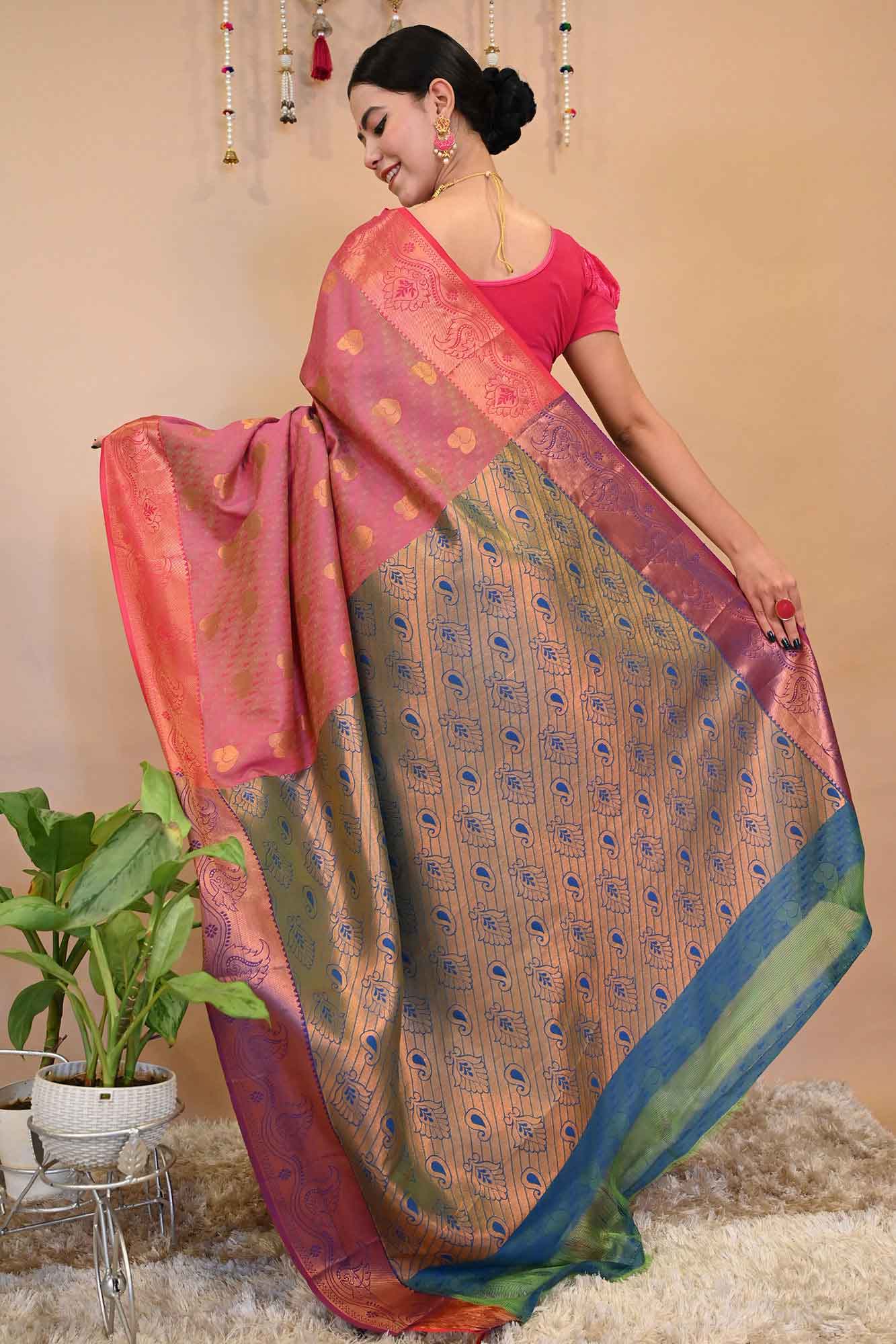 Rich & Festive Kanchipuram with Bengali Embroidered Motifs all over  and zari woven Border Wrap in one minute saree