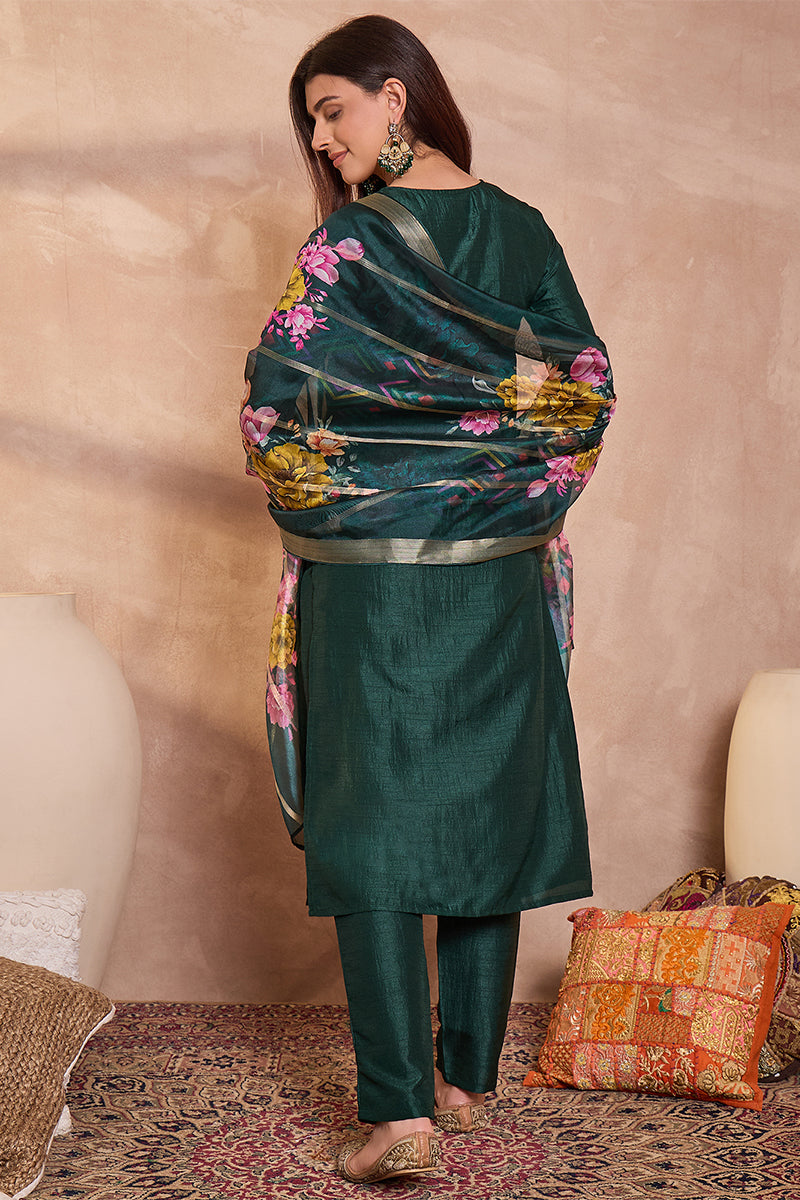 Green Silk Blend Solid Embroidered Straight Kurta Trouser With Dupatta | SHOBITAM
