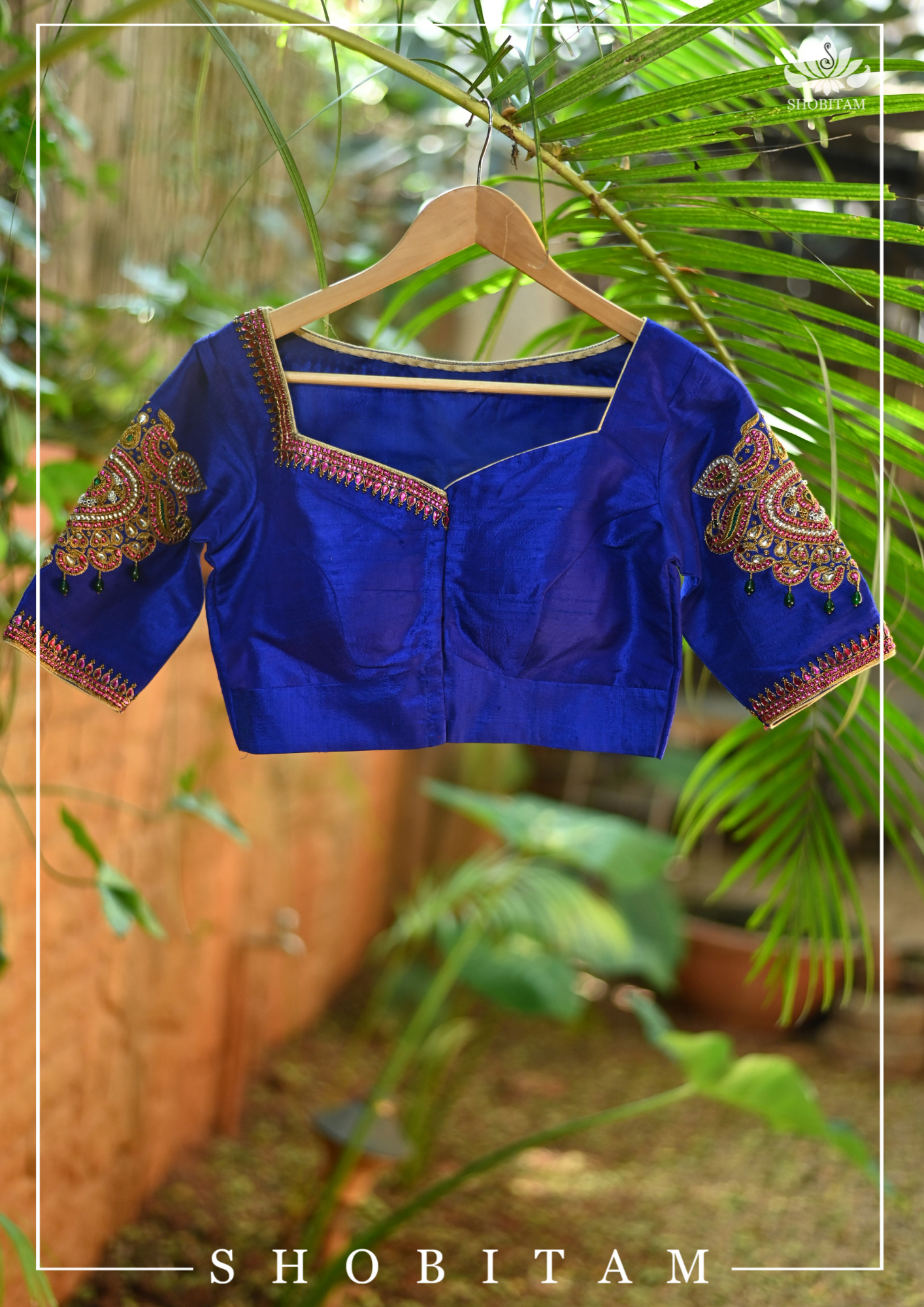 Made to Measure: Ultramarine blue raw silk sweetheart neck blouse | Shobitam
