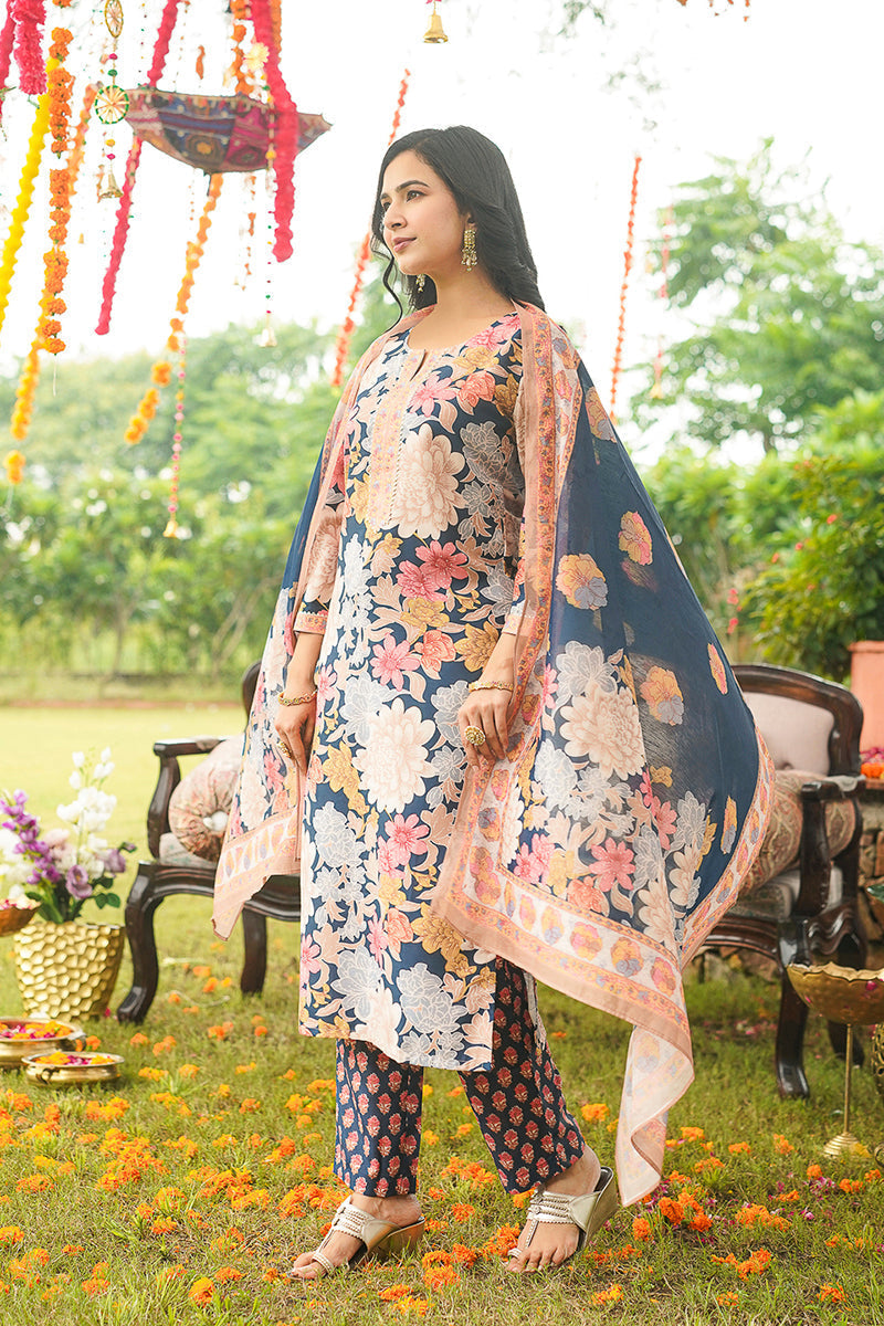 Blue Cotton Blend Floral Printed Straight Kurta Trousers With Dupatta | SHOBITAM
