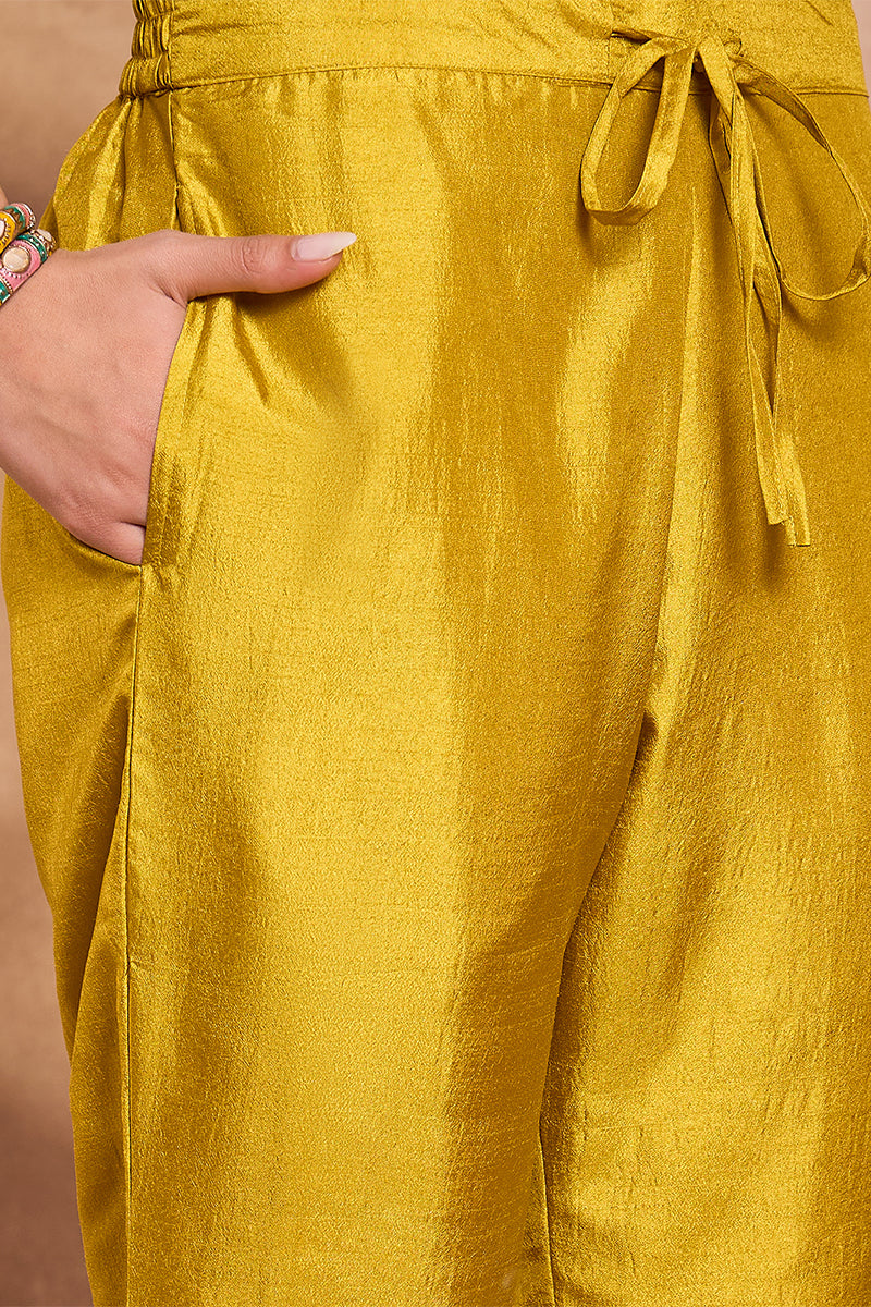 Yellow Silk Blend Solid Embroidered Straight Kurta Trouser With Dupatta | SHOBITAM