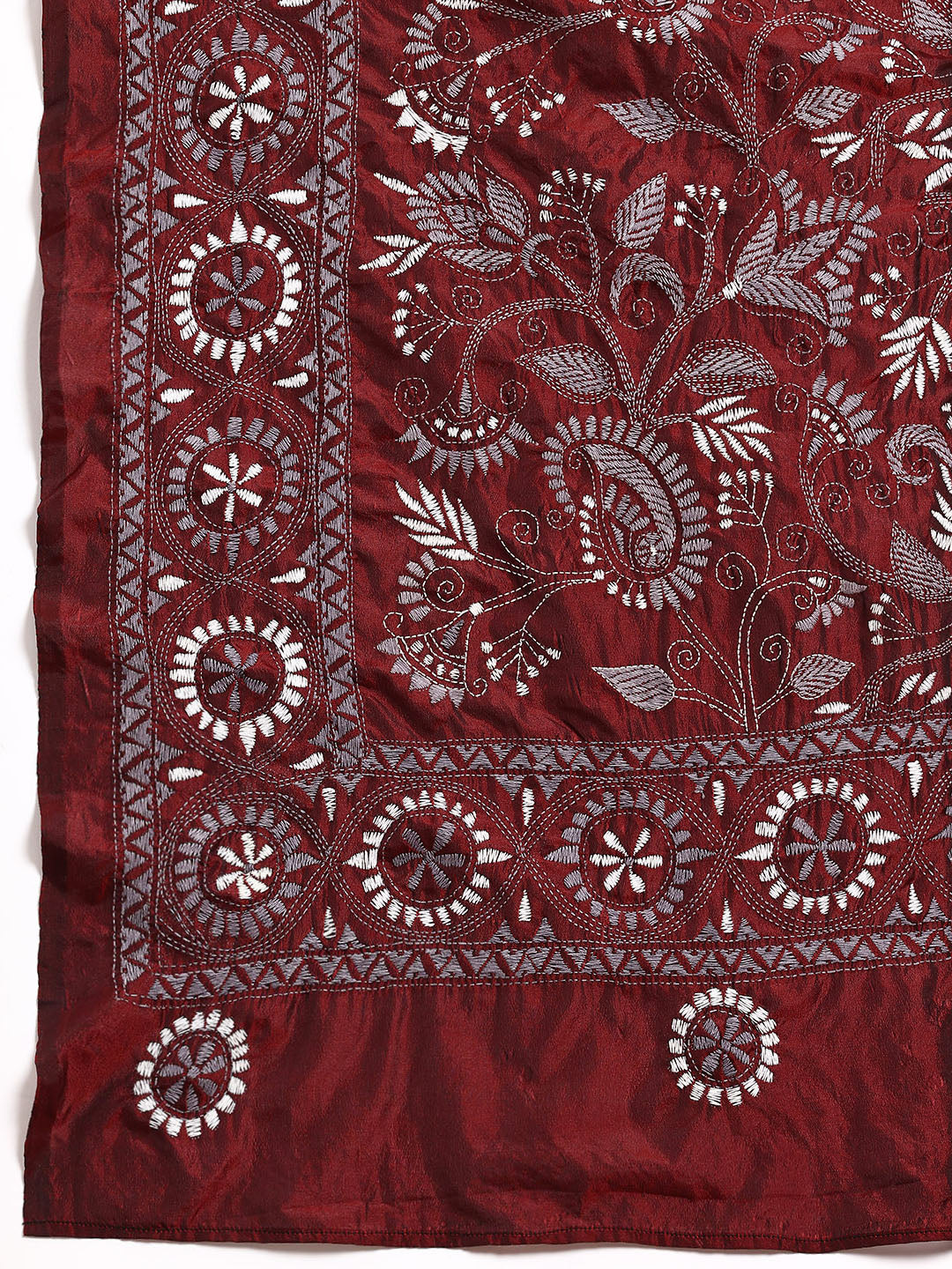Maroon Grey Silk Kantha Saree with Blouse piece | SHOBITAM