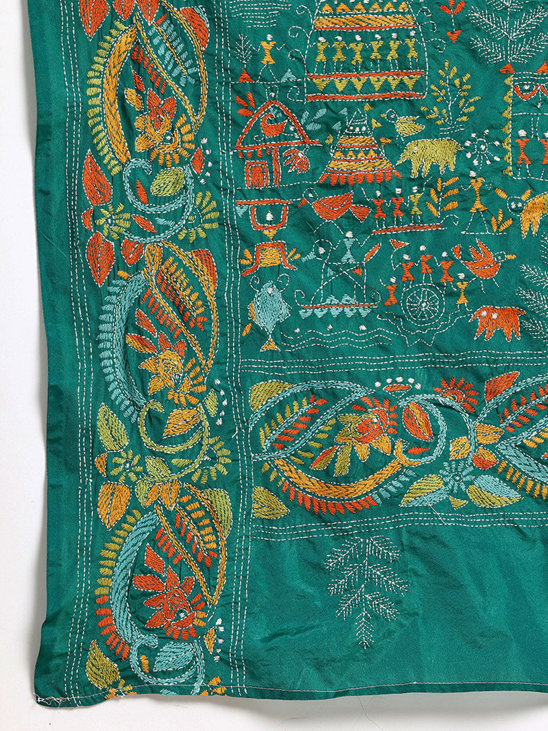 Green Art Silk Kantha Saree with Blouse piece | SHOBITAM