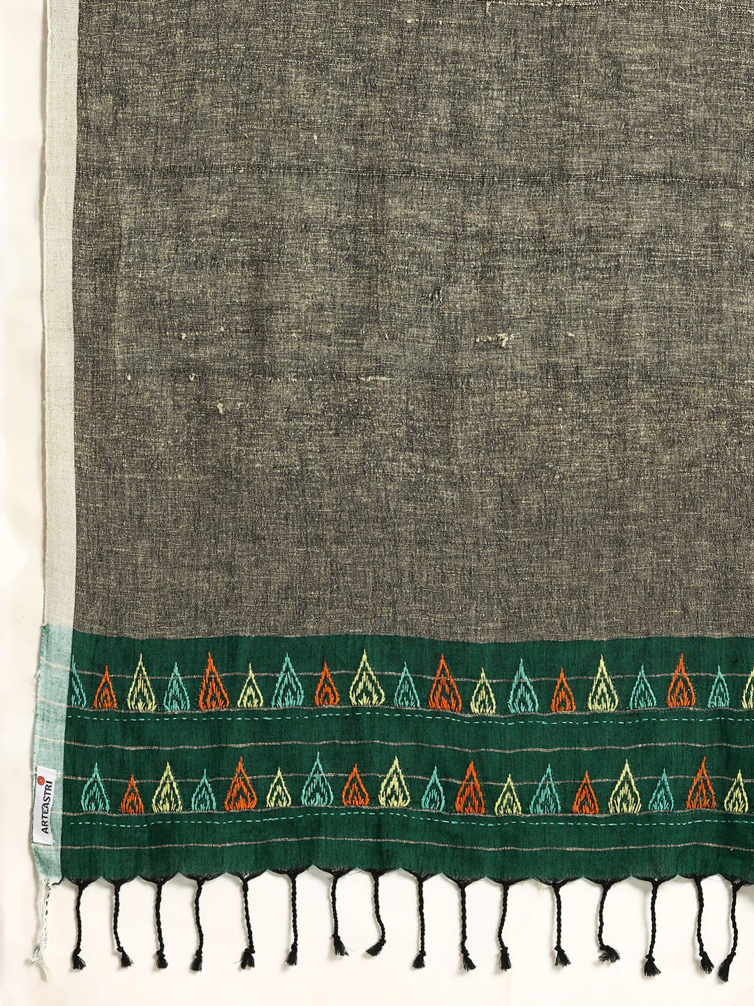 Dark Green 100% Cotton Handloom Saree with Kantha Embroidery on Ghicha Pallu and Blouse Piece