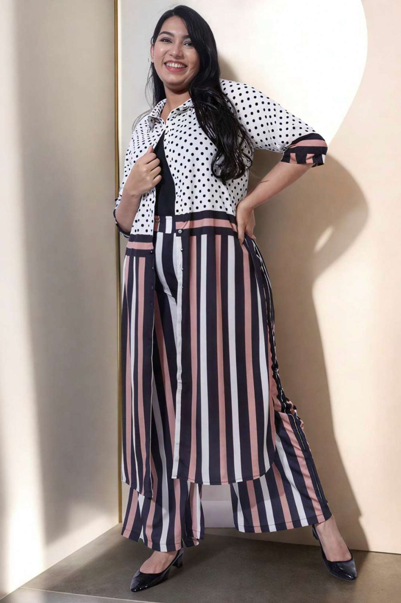 Plus Size Black Luxe Polka Stripes 2 Piece Coord Set For Women | Made to Order