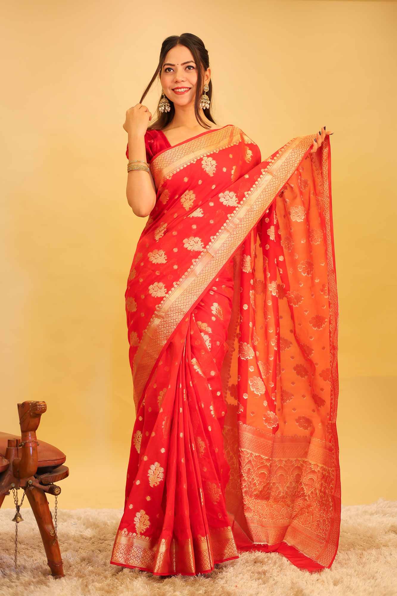 Exquisite Red Katan Inspired Silk Saree with Intricate All-Over Butas and Ornate Palla, Adorned with Luxurious Tassels – A Ready-to-Wear Saree