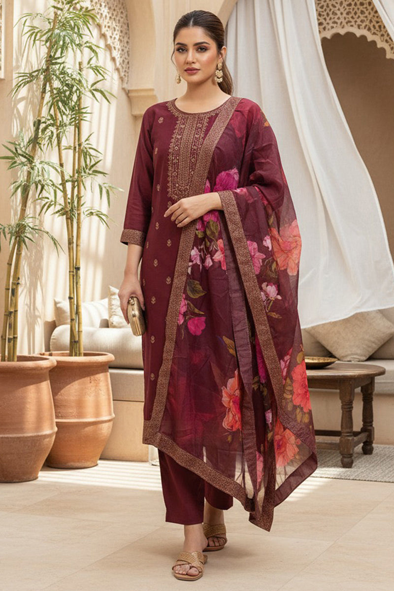 Maroon Silk Blend Ethnic Motifs Stoning Straight Kurta Trouser with Dupatta | SHOBITAM
