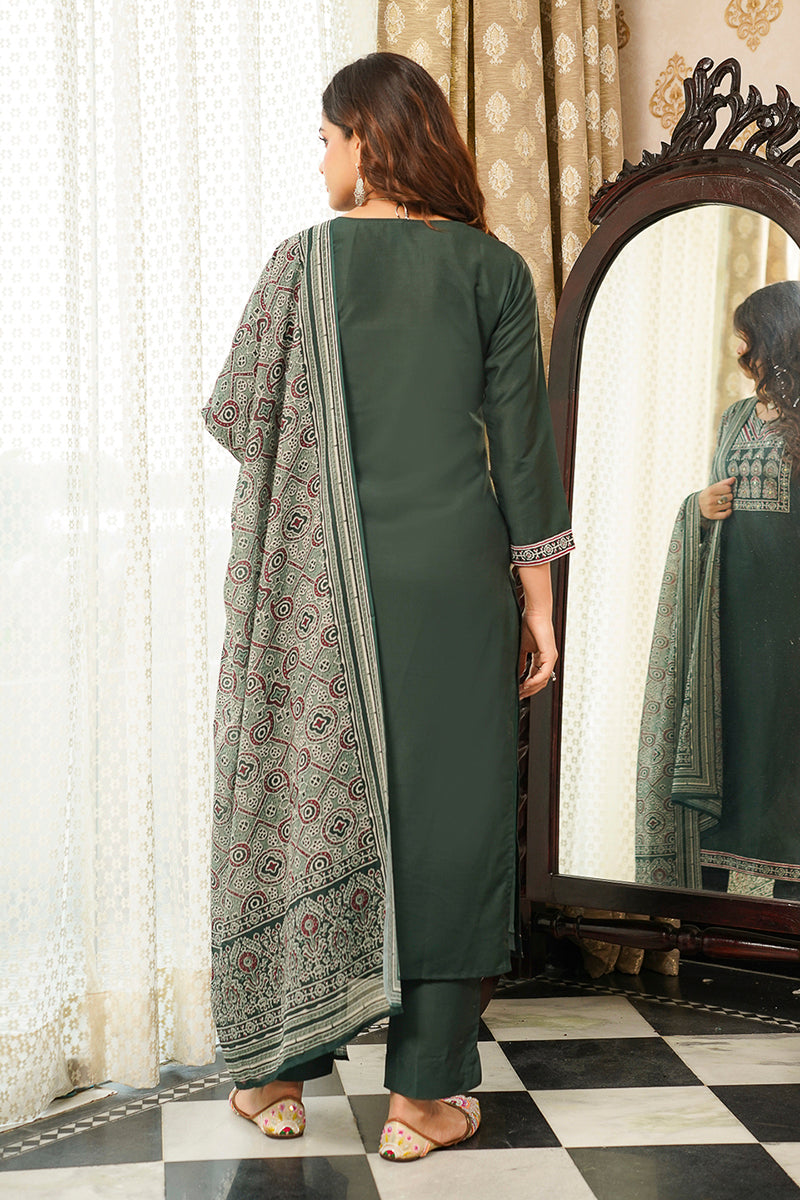Green Cotton Blend Ajrakh Printed Straight Kurta Trousers With Dupatta | SHOBITAM