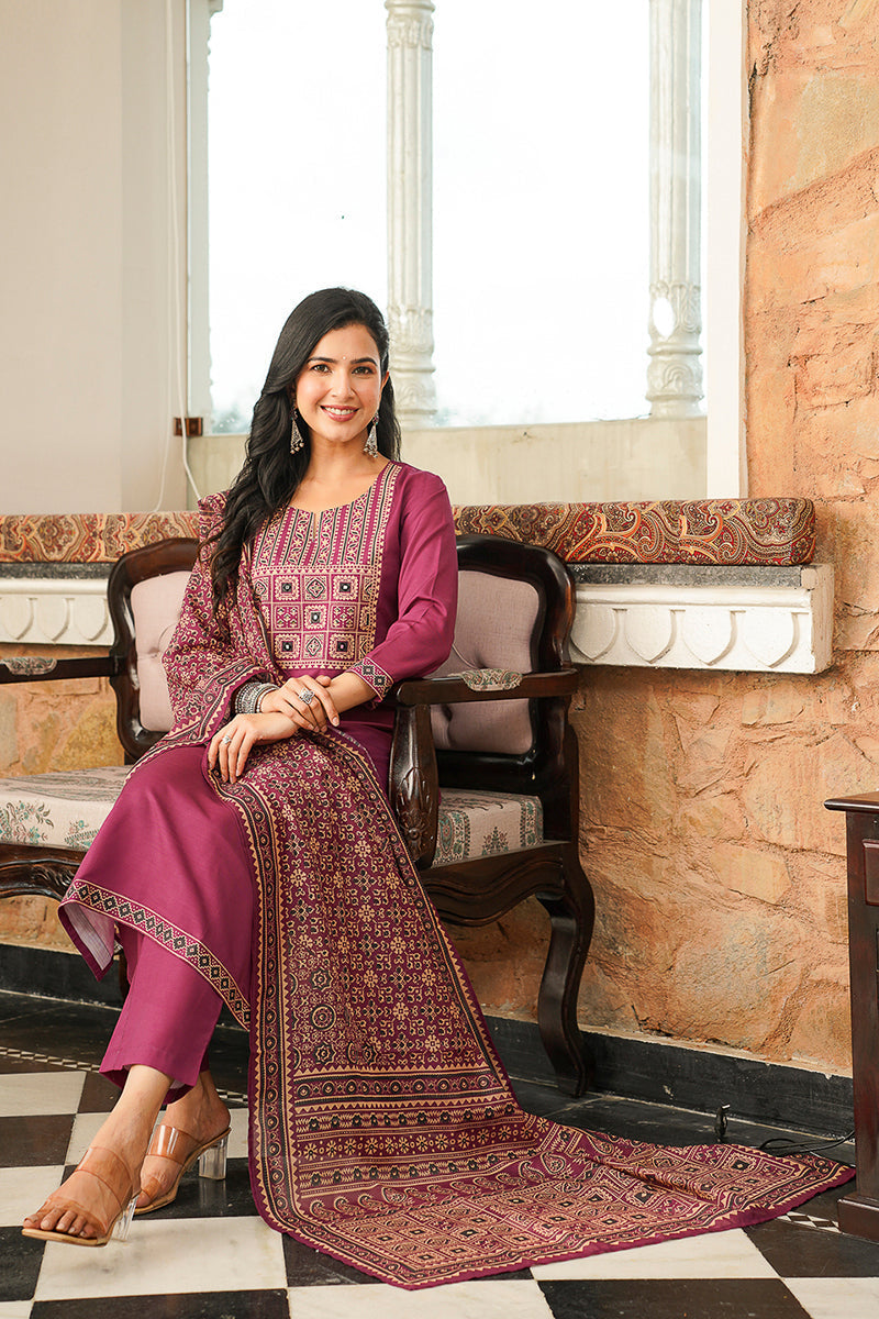 Purple Cotton Blend Ajrakh Printed Straight Kurta Trousers With Dupatta | SHOBITAM