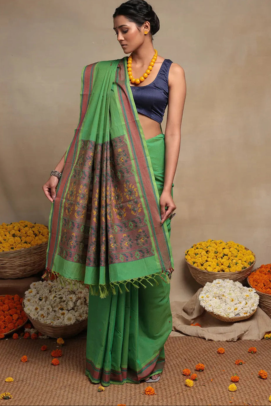Emerald Green Pure Cotton Saree | Shobitam