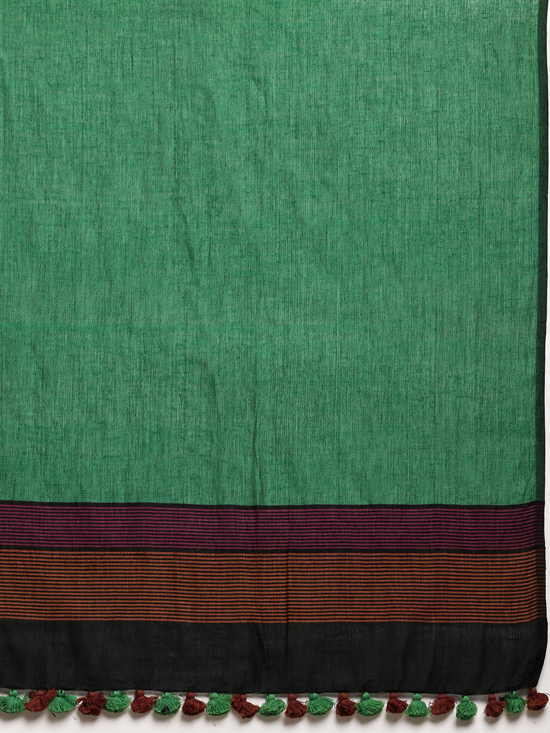 Colour block Cotton Saree with pompoms | Shobitam