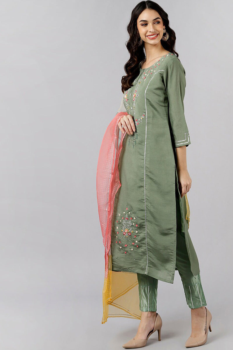 Olive Green Poly Silk Embroidered Straight Suit Set  | SHOBITAM