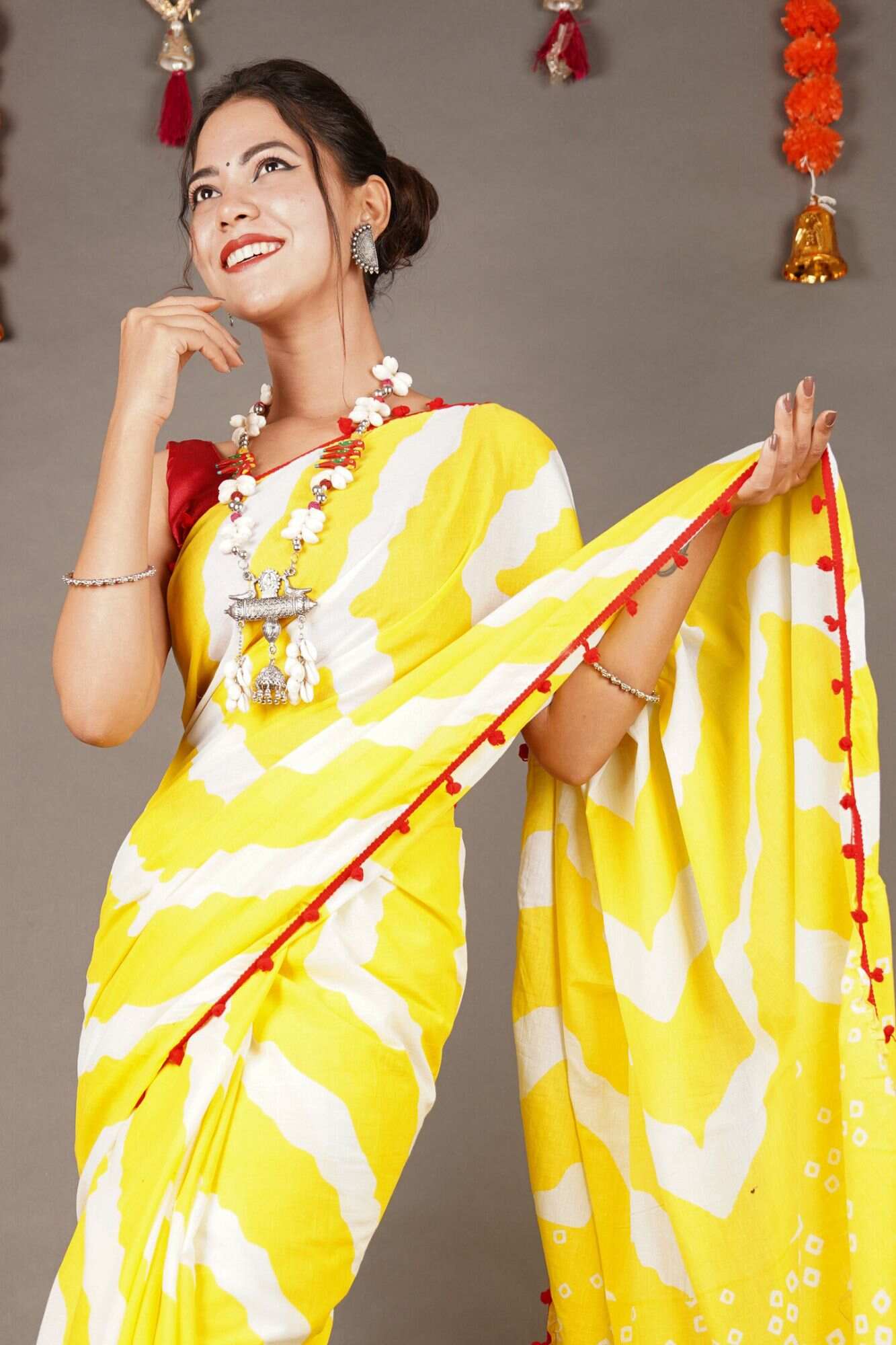 YELLOW AND WHITE COTTON MUL MUL PRINTED SAREE WITH POMPOM - Isadora Life Online Shopping Store