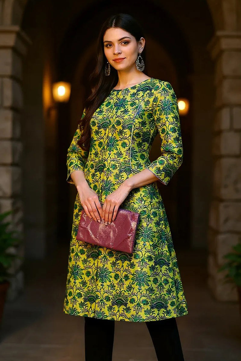 Women Cotton Printed Simple Function Wear Green Kurti  | SHOBITAM