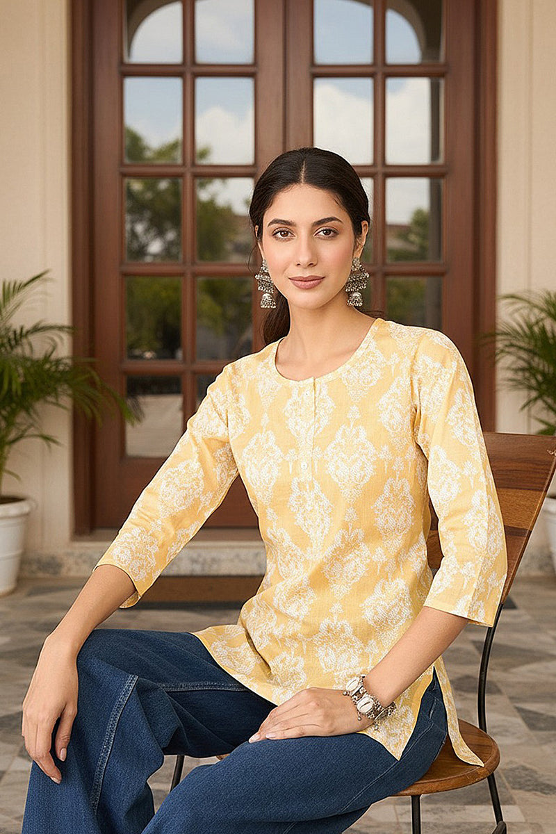 Yellow Cotton Blend Ethnic Motifs Printed Regular Top | SHOBITAM