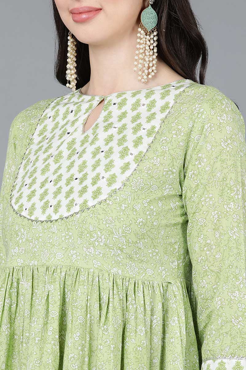 Light Green Cotton Flared Kurta Pant With Dupatta   | SHOBITAM