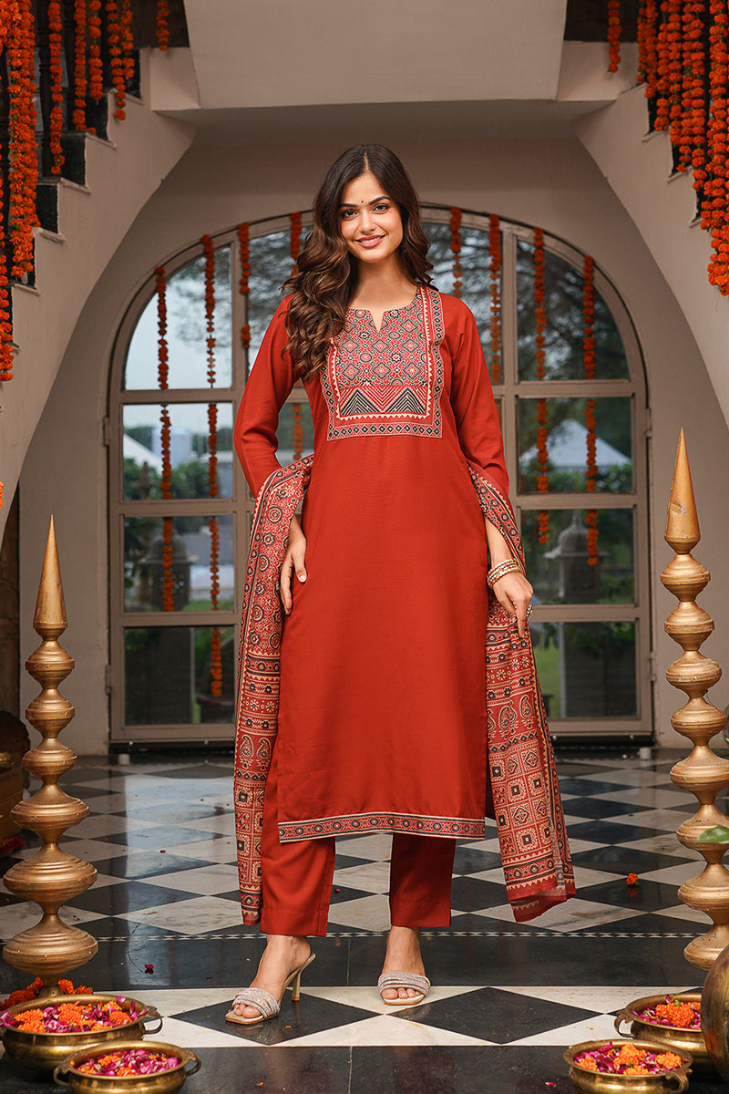 Brown Cotton Blend Ajrakh Printed Straight Kurta Trousers With Dupatta | SHOBITAM