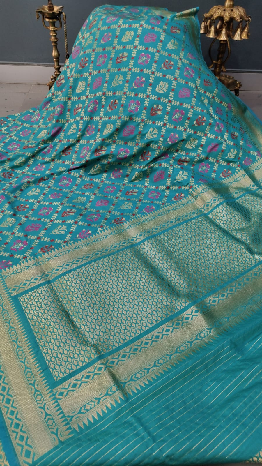 Teal Moroccan Jaal on Semi Silk Saree with Meenakari Buttas and Zari Border | SHOBITAM