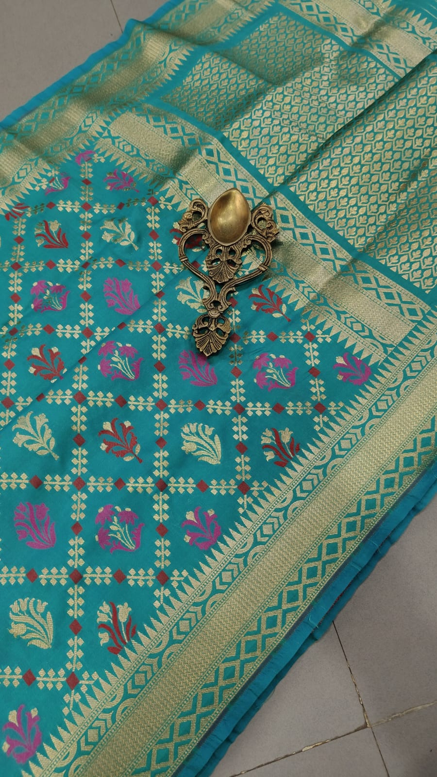 Teal Moroccan Jaal on Semi Silk Saree with Meenakari Buttas and Zari Border | SHOBITAM