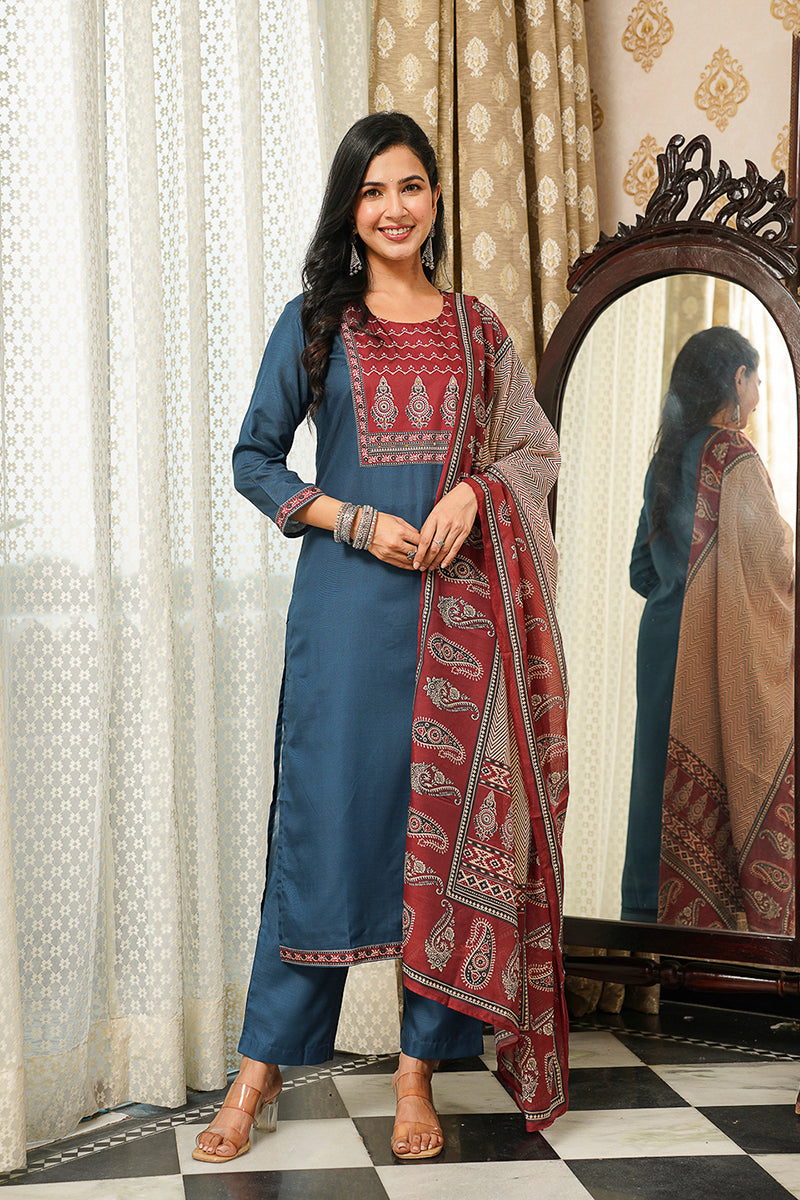 Blue Cotton Blend Ajrakh Printed Straight Kurta Trousers With Dupatta | SHOBITAM